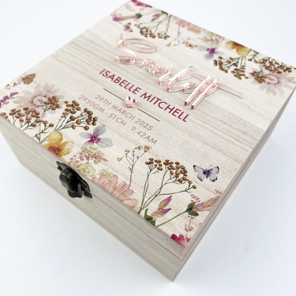 Printed Wildflowers 3D Birth Details Square Keepsake Box