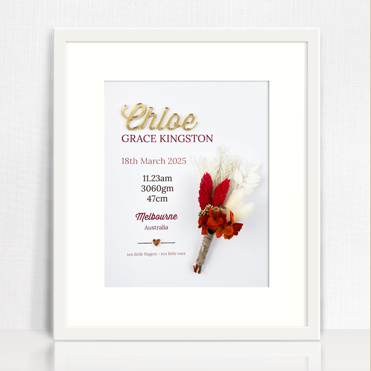 Mirror Red/Rust Dried Flower Bouquet 3D Personalised Birth Print