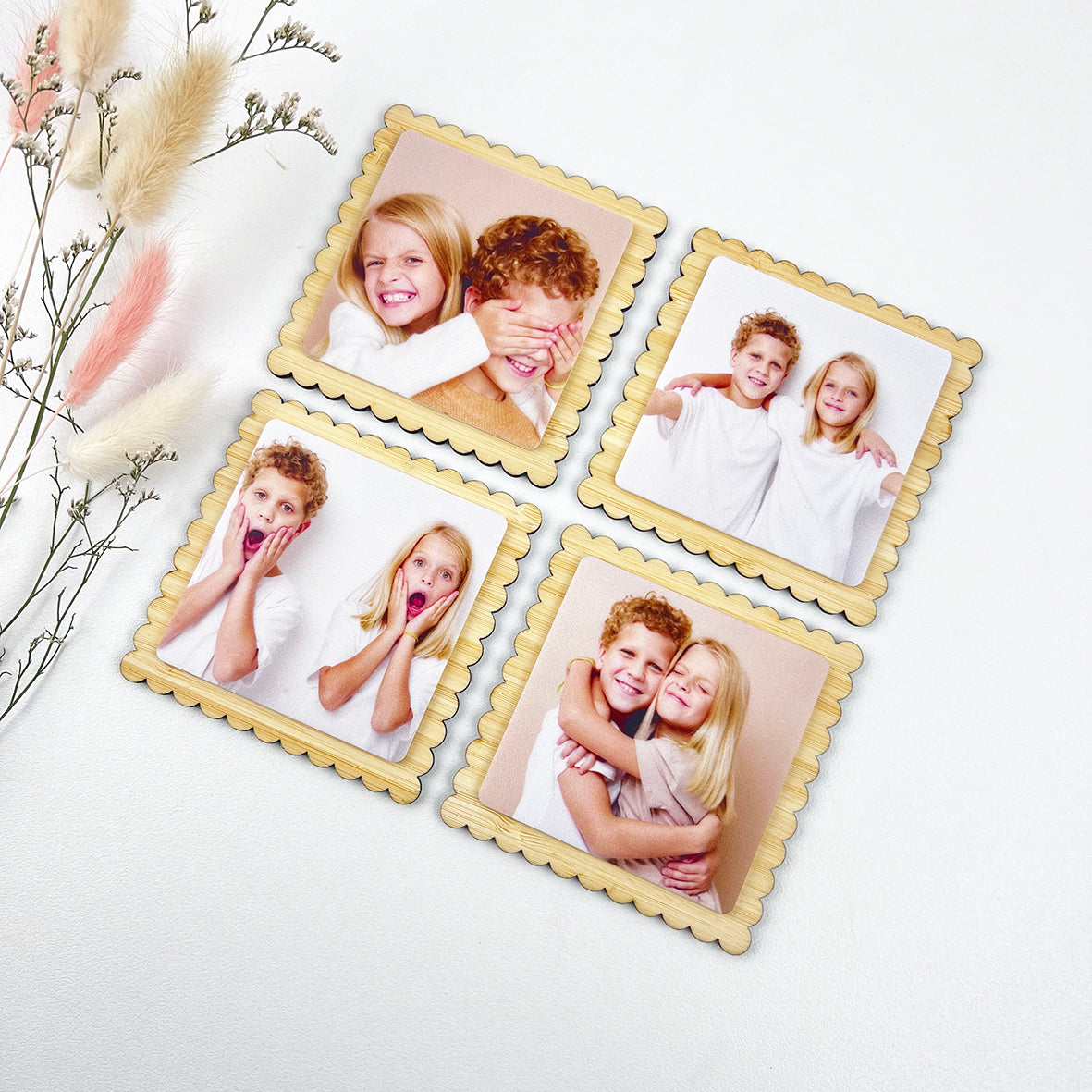 Personalised Bamboo Scalloped Photo Magnets (set of 4)