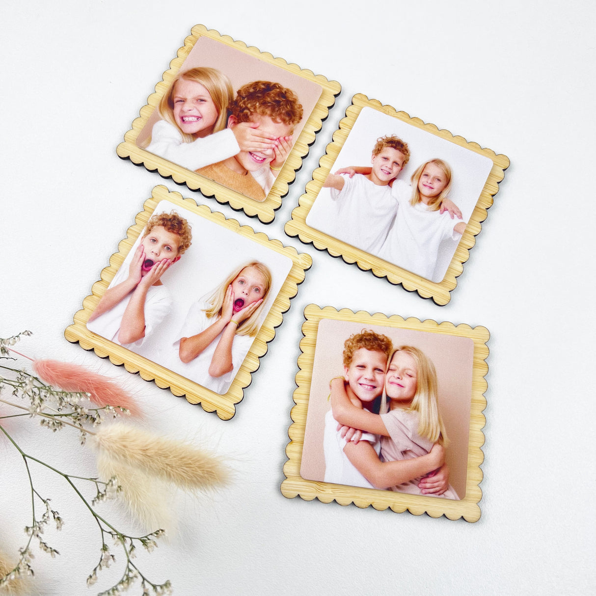 Personalised Bamboo Scalloped Photo Magnets (set of 4)