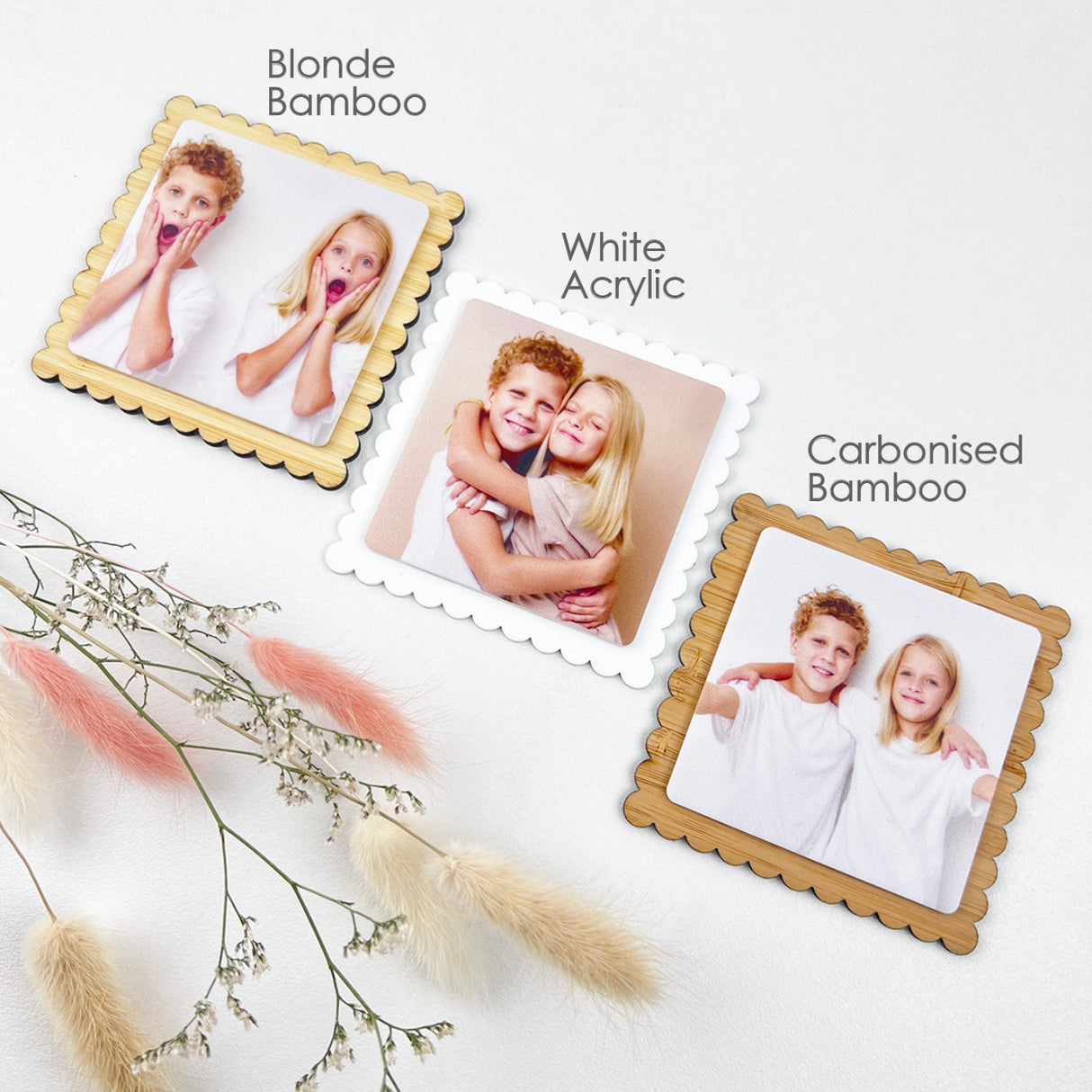 Personalised Bamboo Scalloped Photo Magnets (set of 4)
