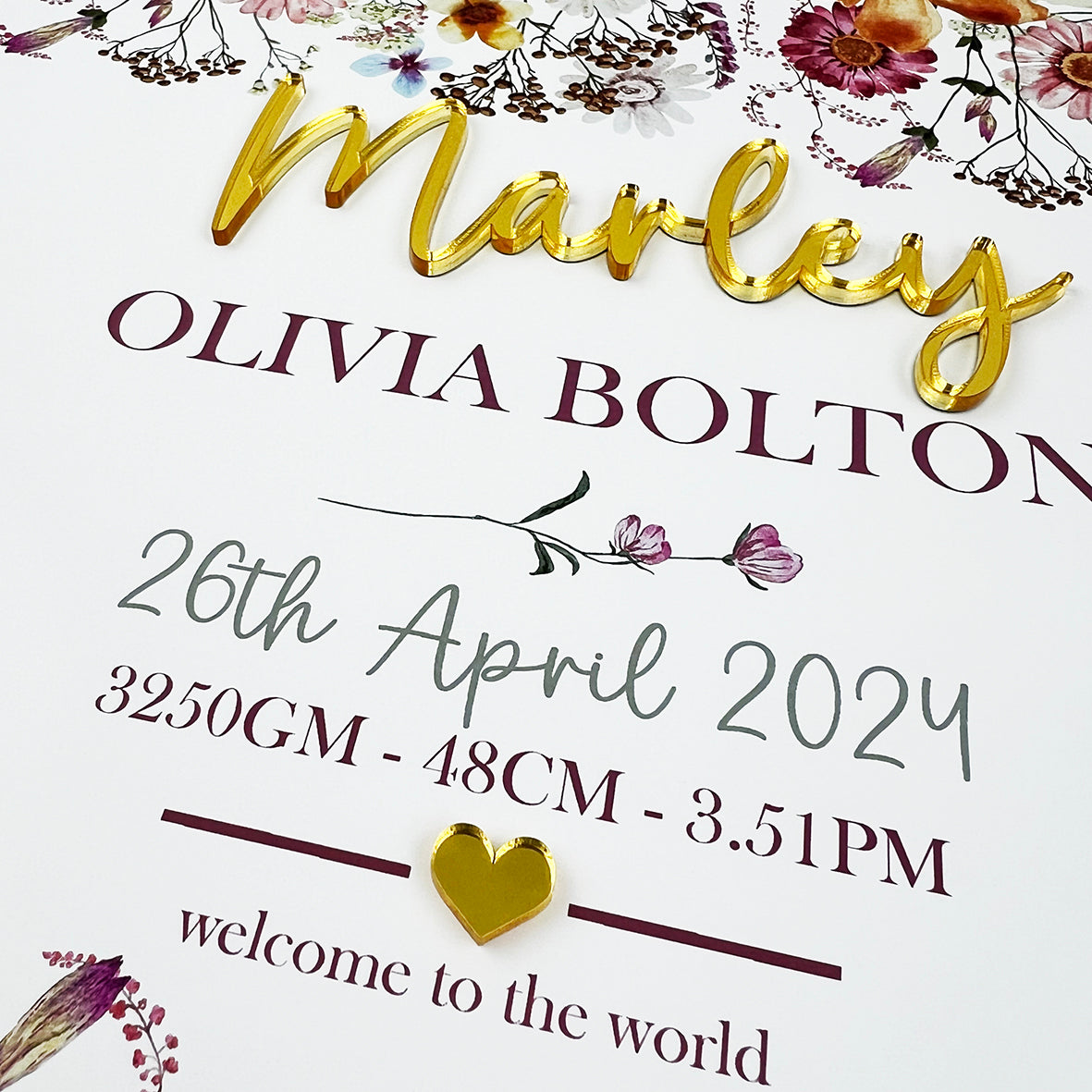 Mirror (Gold) Sweet Wildflowers Garden 3D Personalised Birth Print