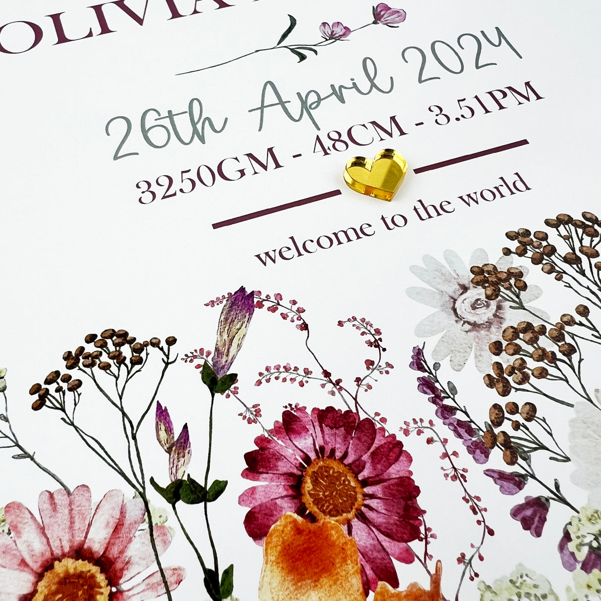 Mirror (Gold) Sweet Wildflowers Garden 3D Personalised Birth Print