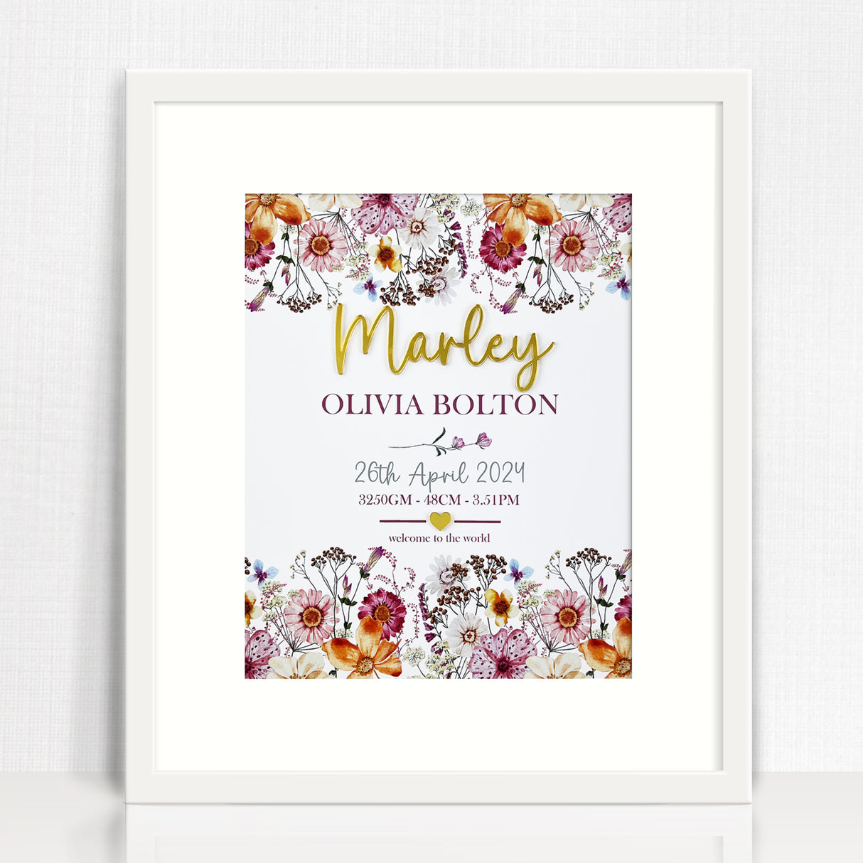 Mirror (Gold) Sweet Wildflowers Garden 3D Personalised Birth Print