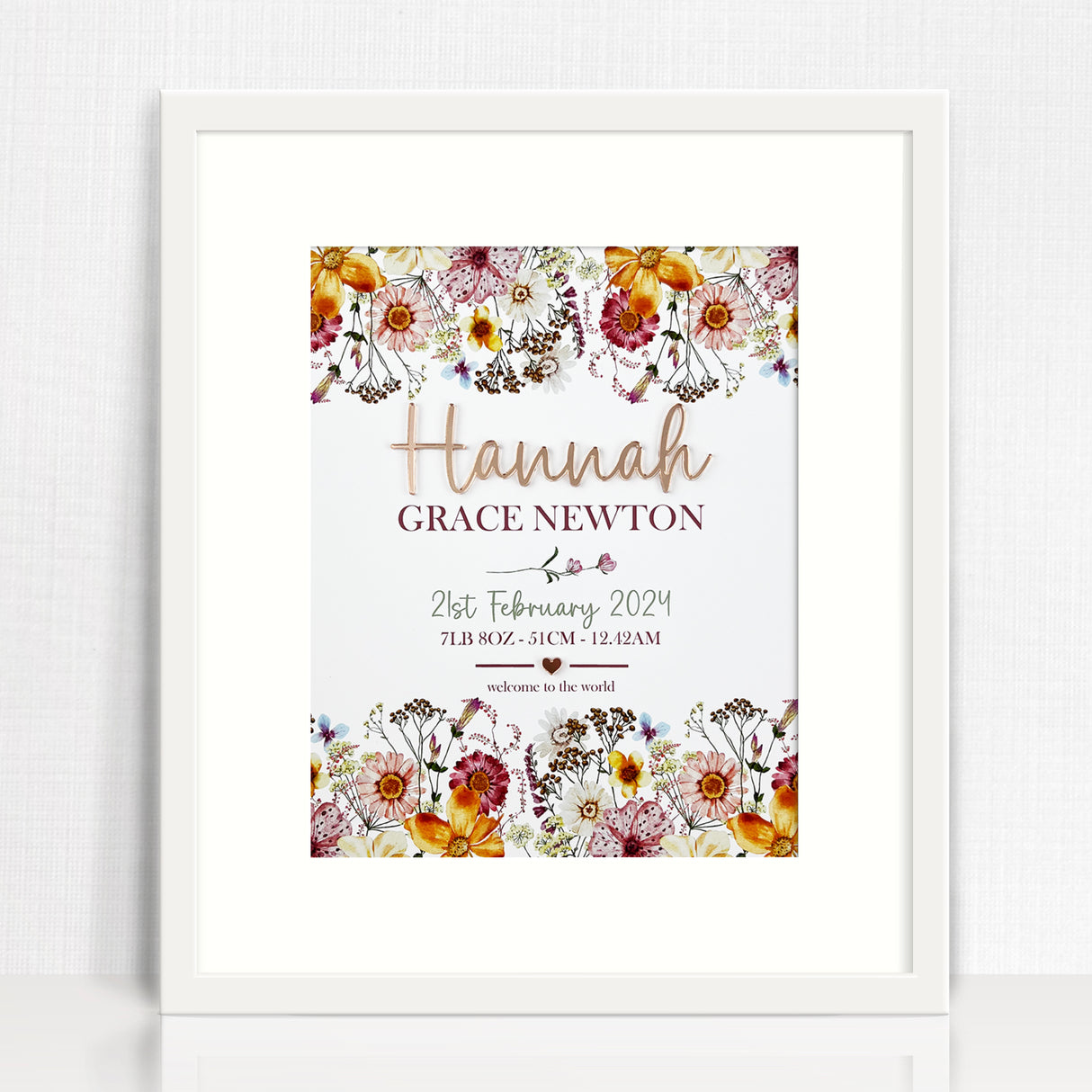 Mirror (Rose Gold) Sweet Wildflowers Garden 3D Personalised Birth Print