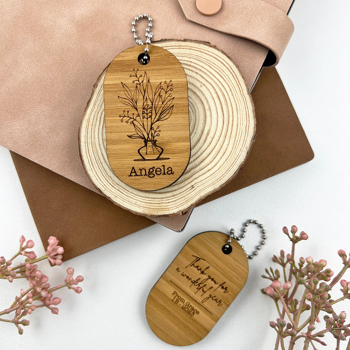 Double Sided Botanical Bamboo Keyring (2 designs)