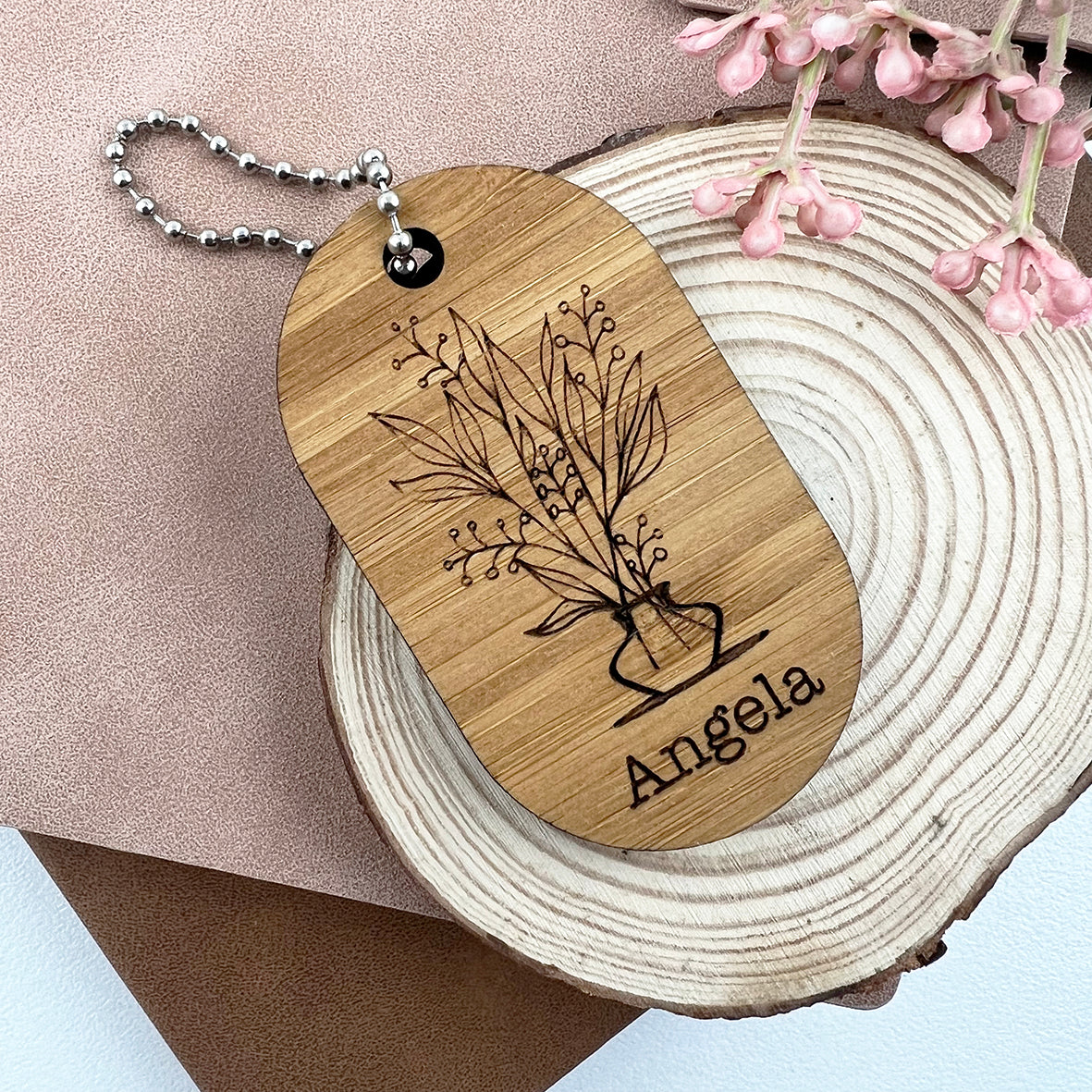 Double Sided Botanical Bamboo Keyring (2 designs)