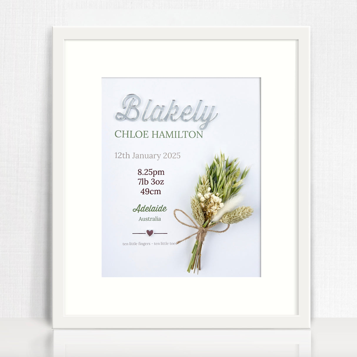Mirror White/Green Dried Flower Bouquet 3D Personalised Birth Print