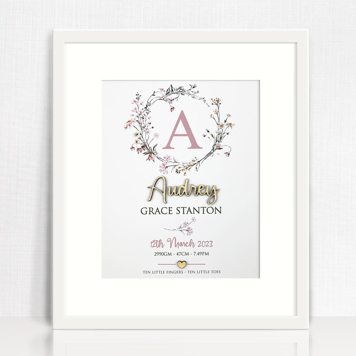 Bamboo (2 colour options) Wildflowers Wreath 3D Personalised Birth Print