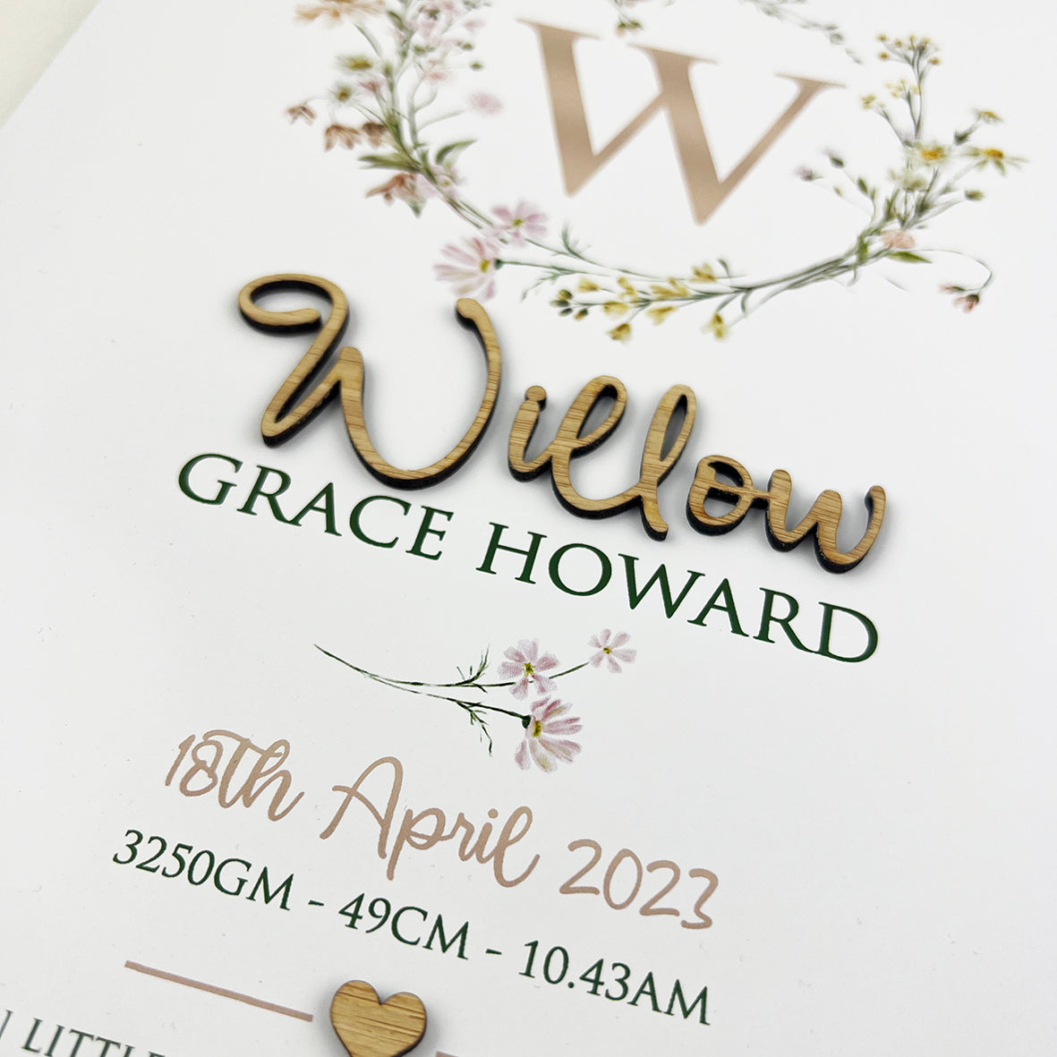 Bamboo (2 colour options) Wildflowers Wreath 3D Personalised Birth Print