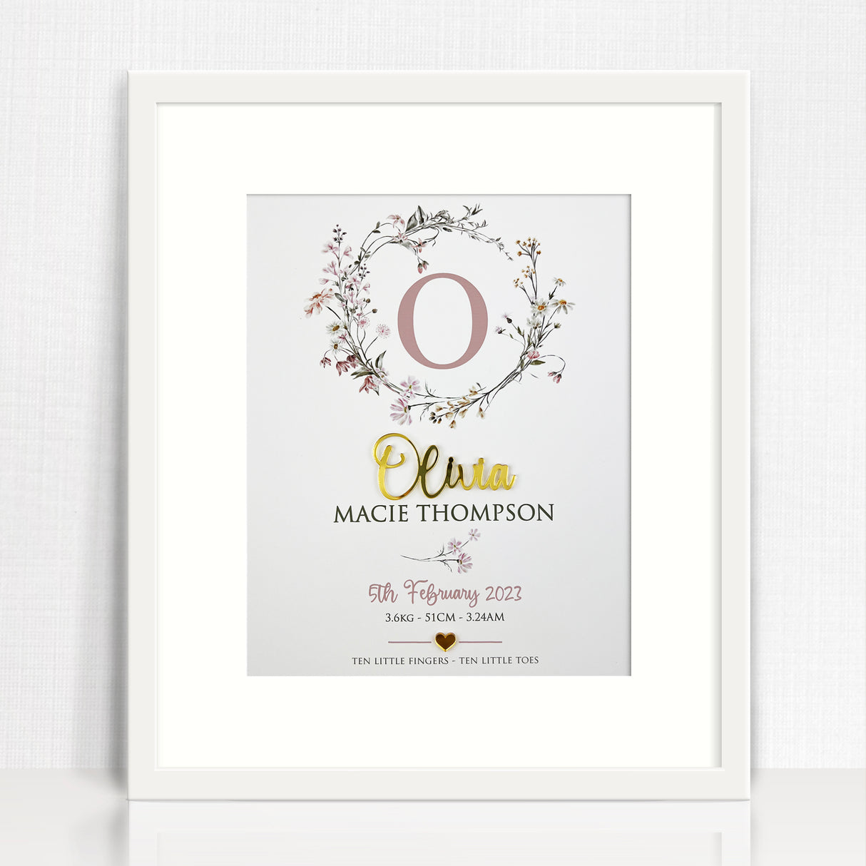 Mirror (Gold) Wildflowers Wreath 3D Personalised Birth Print