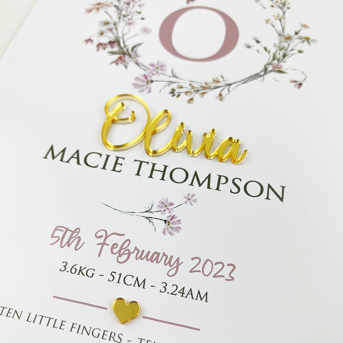 Mirror (Gold) Wildflowers Wreath 3D Personalised Birth Print