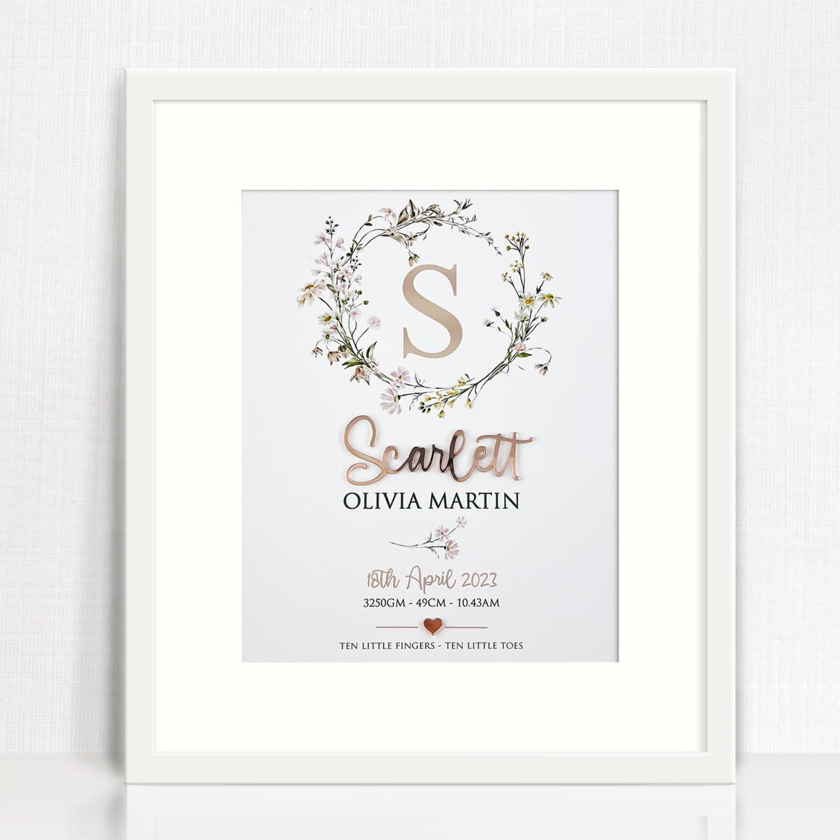 Mirror (Rose Gold) Wildflowers Wreath 3D Personalised Birth Print