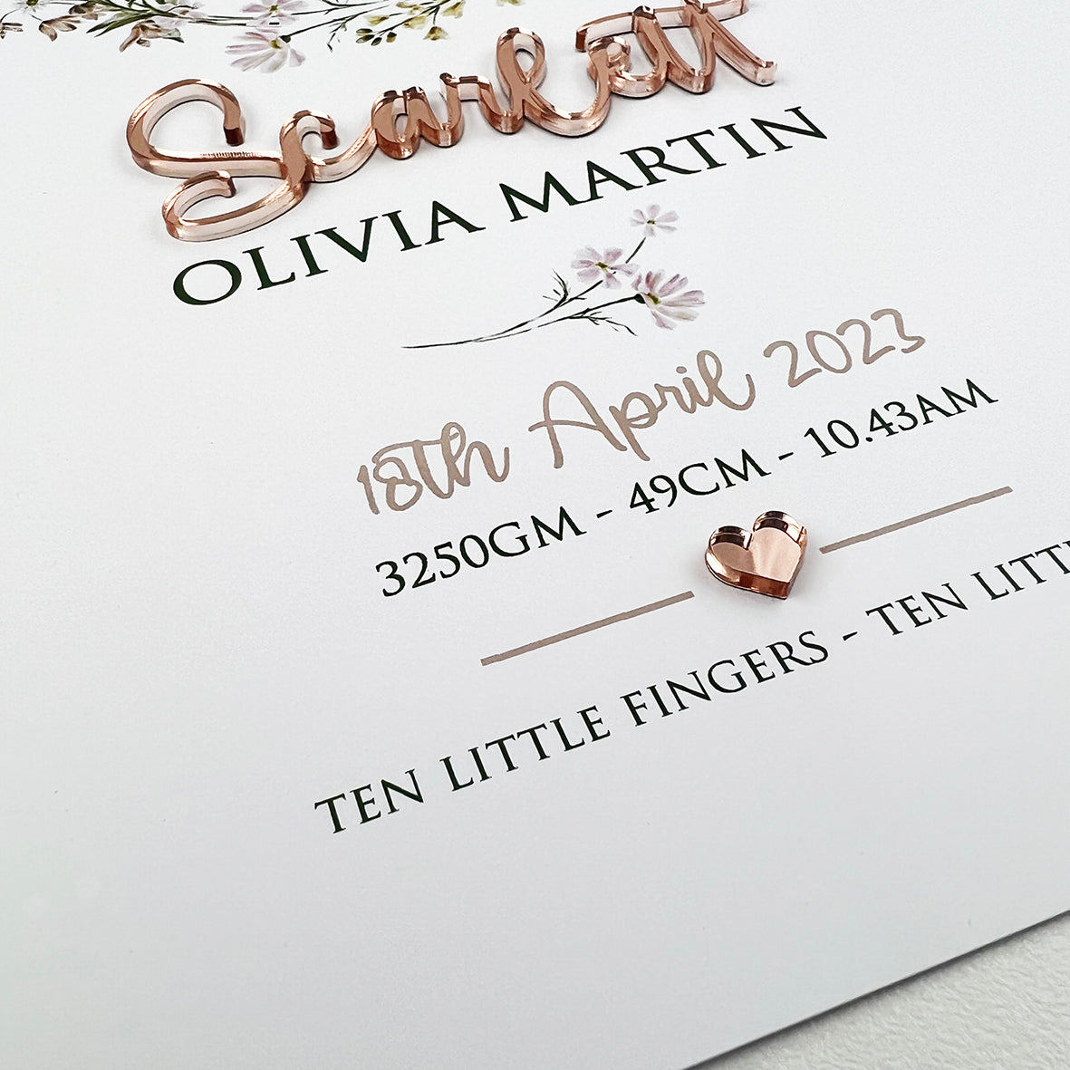 Mirror (Rose Gold) Wildflowers Wreath 3D Personalised Birth Print