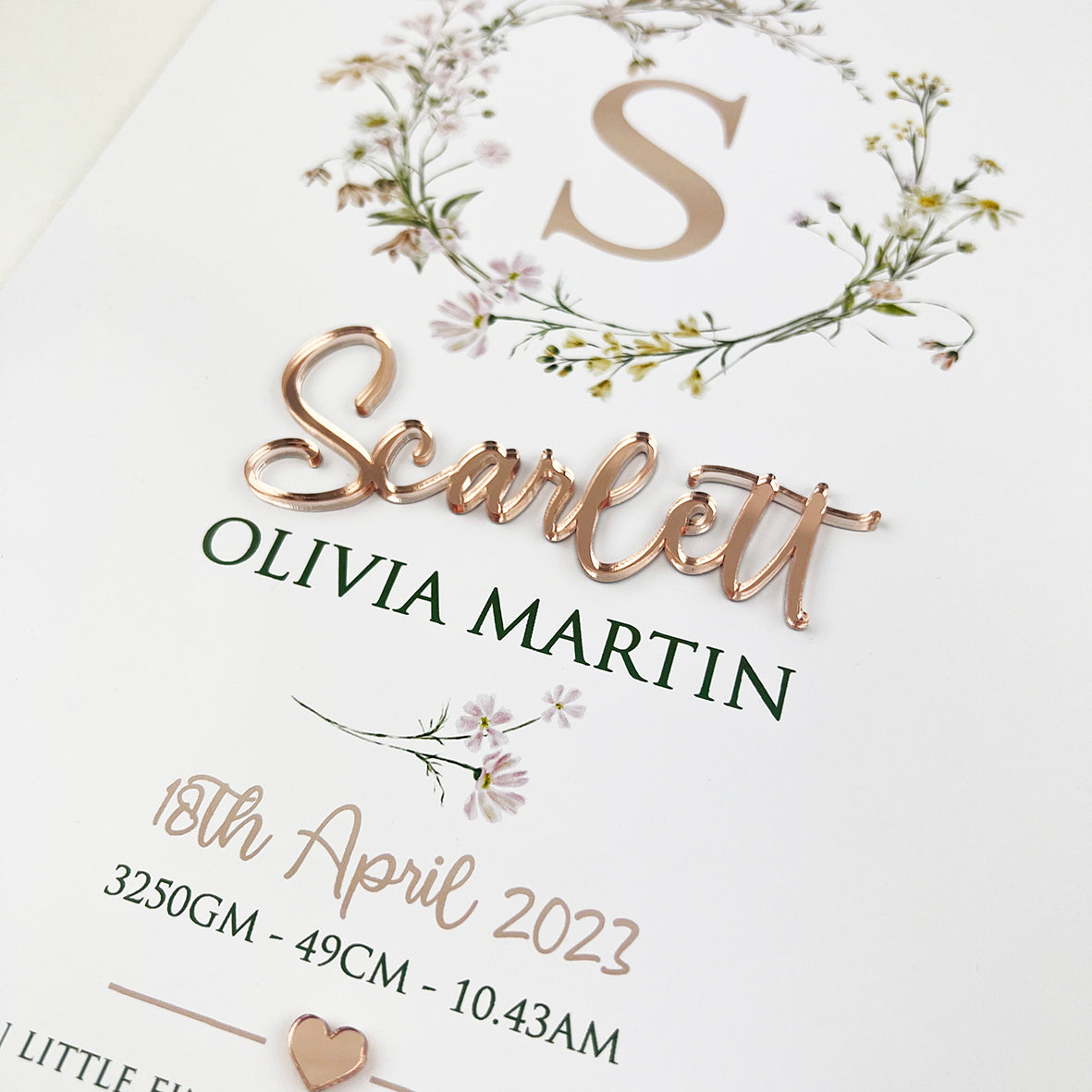 Mirror (Rose Gold) Wildflowers Wreath 3D Personalised Birth Print