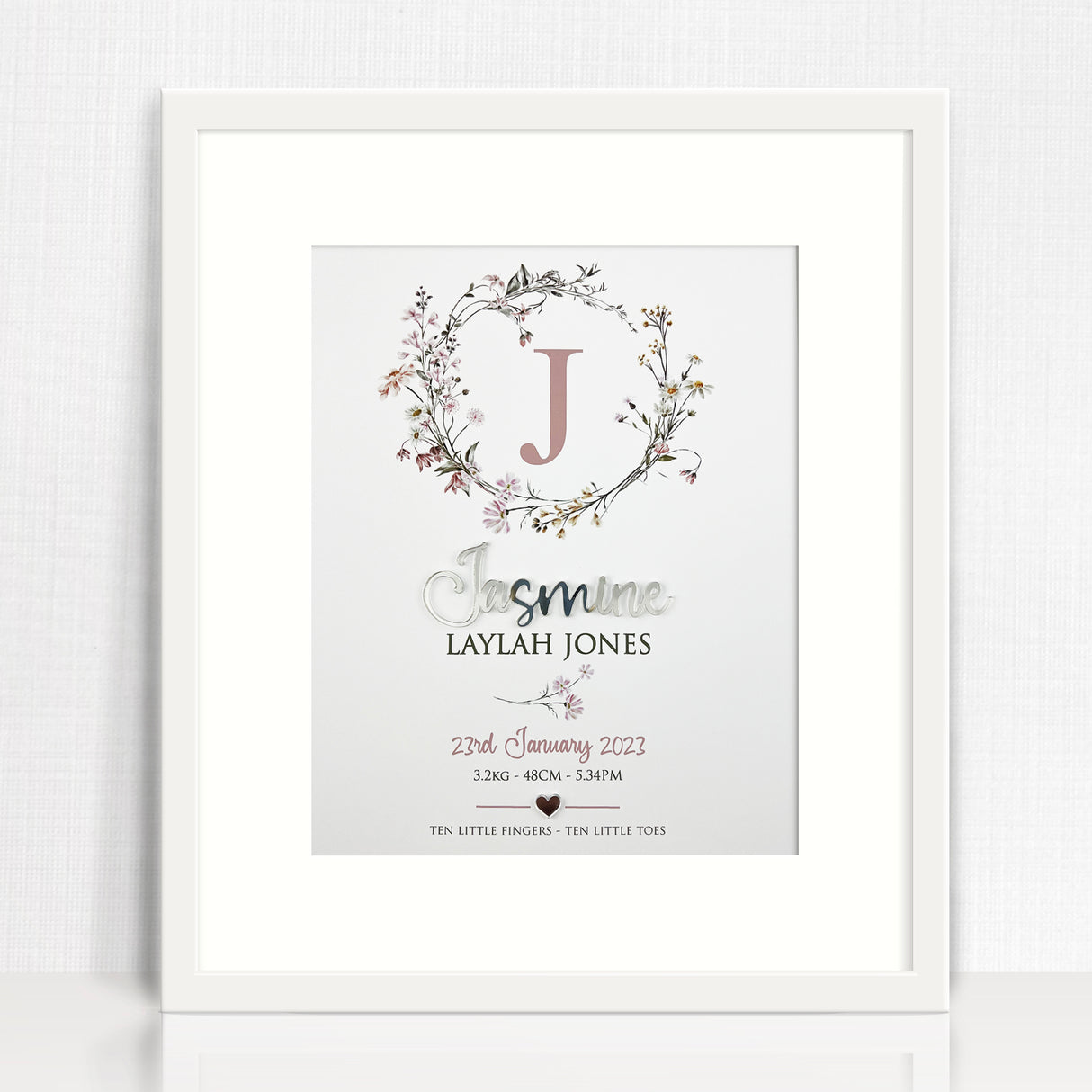 Mirror (Silver) Wildflowers Wreath 3D Personalised Birth Print