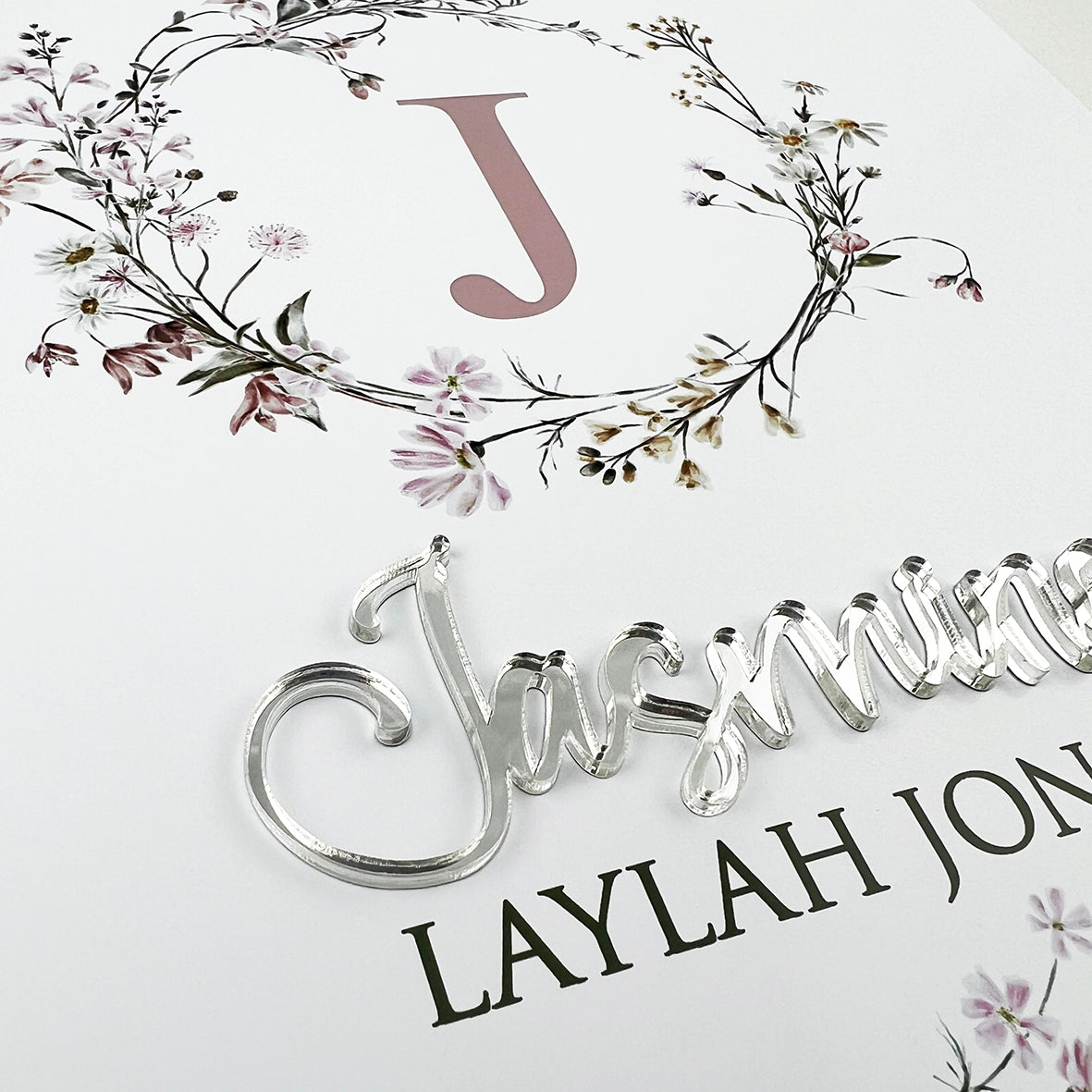 Mirror (Silver) Wildflowers Wreath 3D Personalised Birth Print