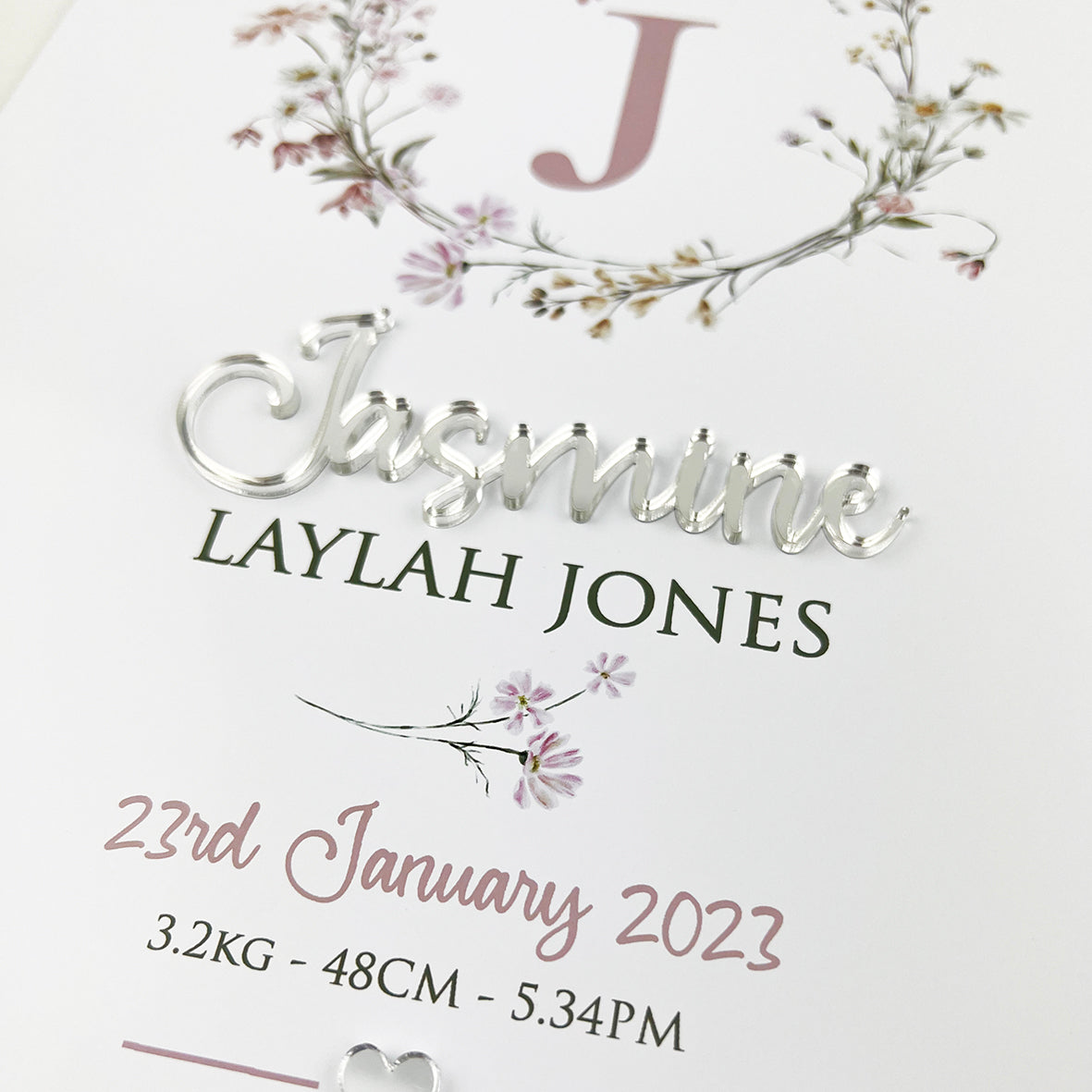 Mirror (Silver) Wildflowers Wreath 3D Personalised Birth Print