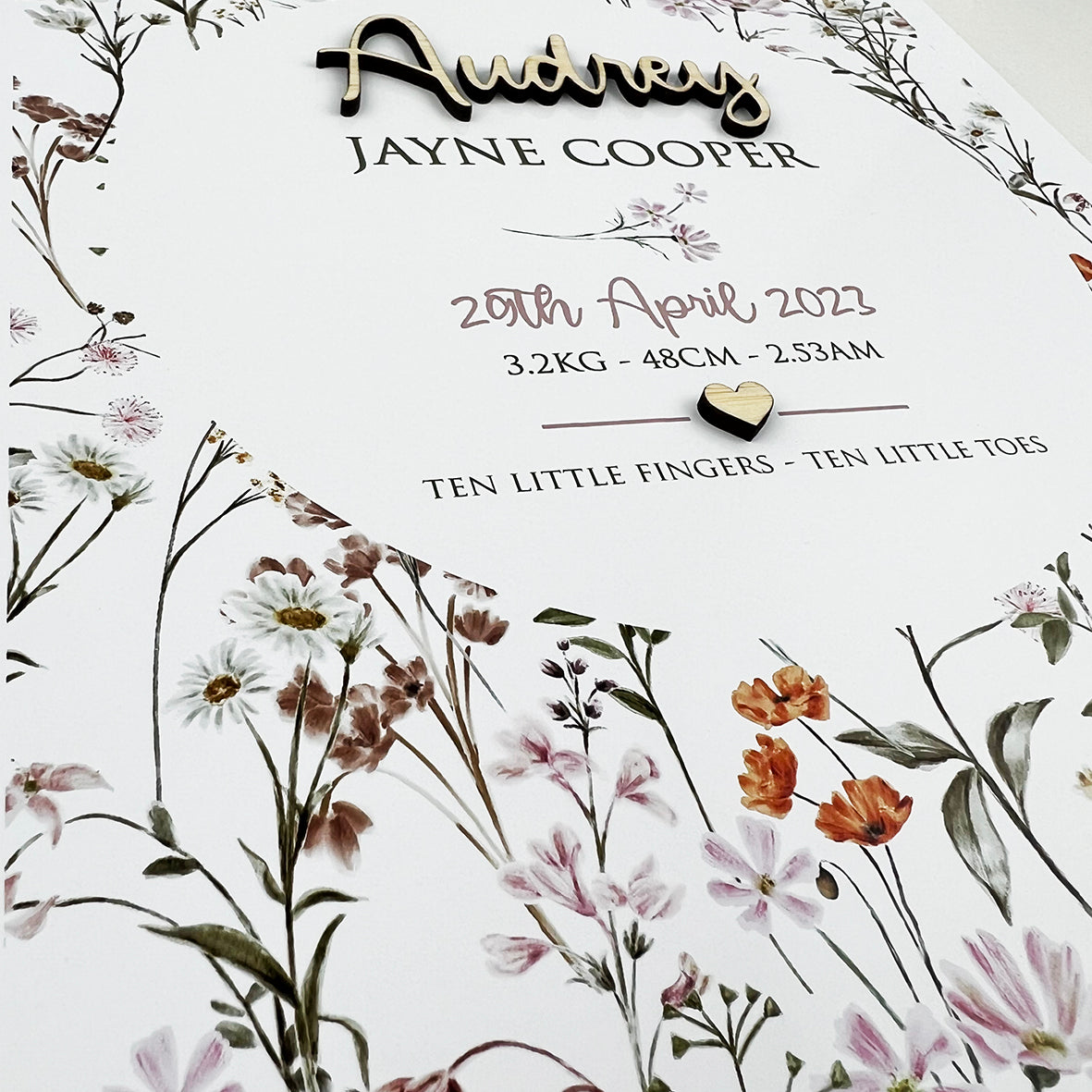 Bamboo (2 colour options) Wildflowers Pattern 3D Personalised Birth Print