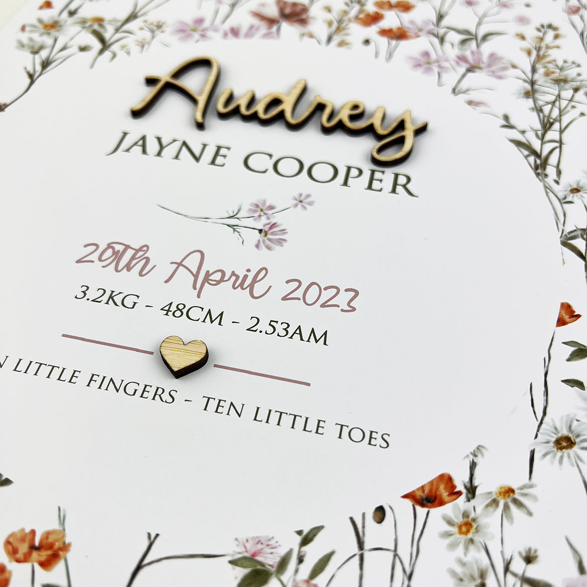 Bamboo (2 colour options) Wildflowers Pattern 3D Personalised Birth Print