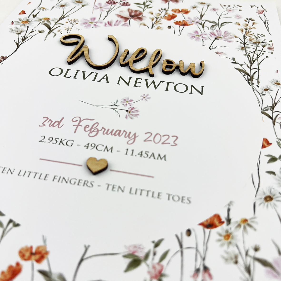 Bamboo (2 colour options) Wildflowers Pattern 3D Personalised Birth Print