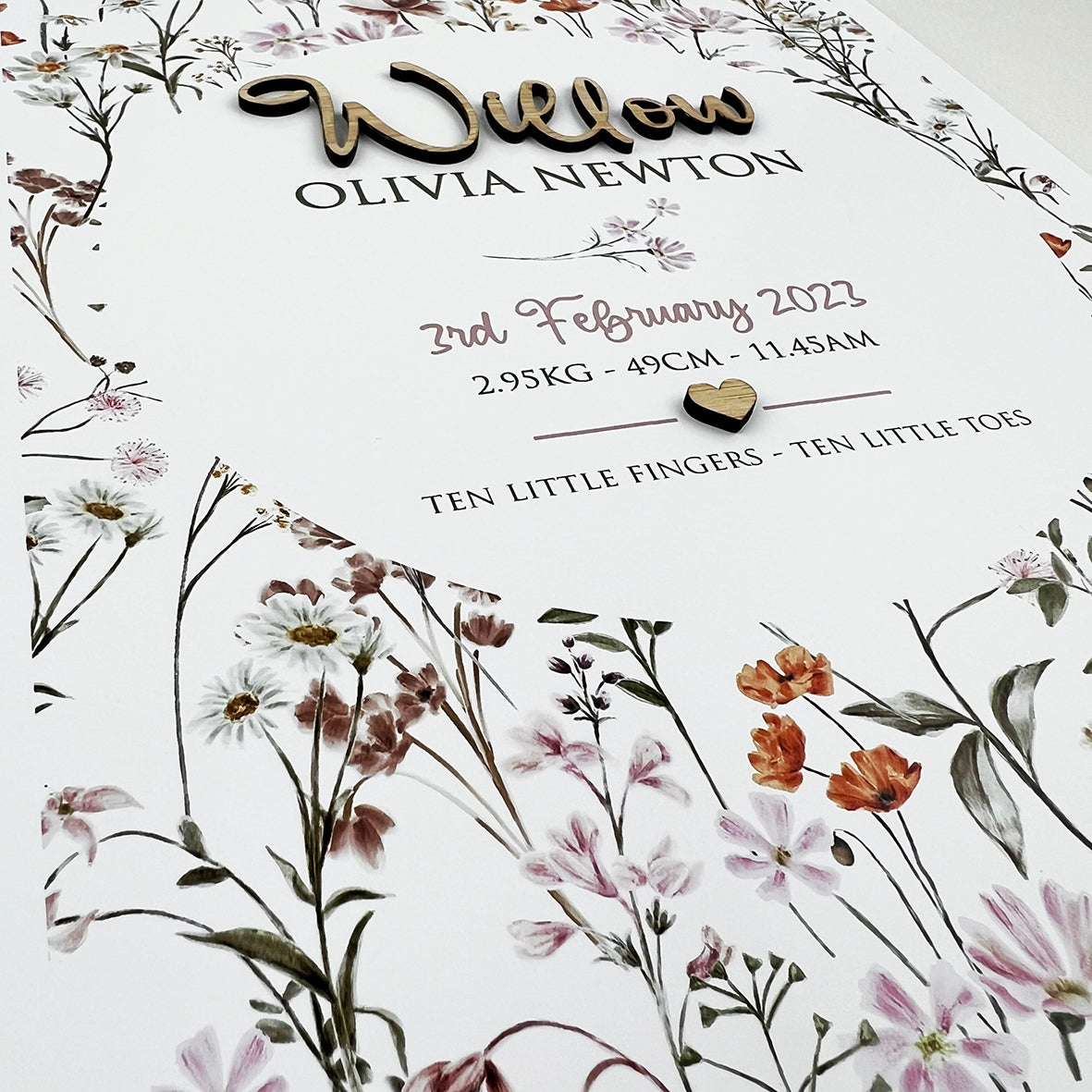 Bamboo (2 colour options) Wildflowers Pattern 3D Personalised Birth Print