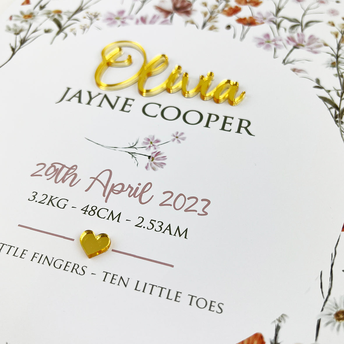Mirror (Gold) Wildflowers Pattern 3D Personalised Birth Print
