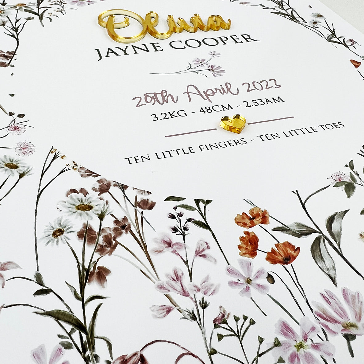 Mirror (Gold) Wildflowers Pattern 3D Personalised Birth Print