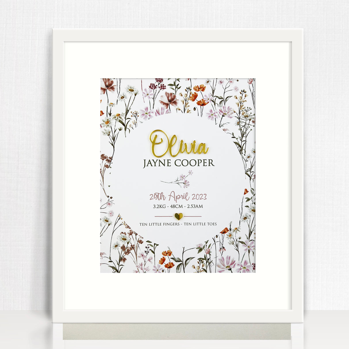 Mirror (Gold) Wildflowers Pattern 3D Personalised Birth Print