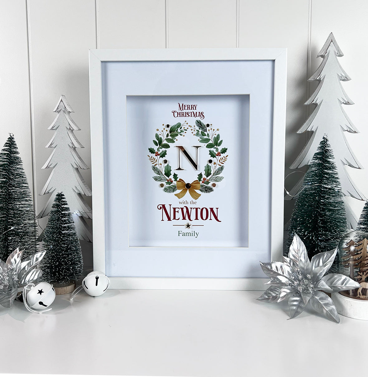 Wreath & Bow 3D Mirror Personalised Christmas Print (3 colours)