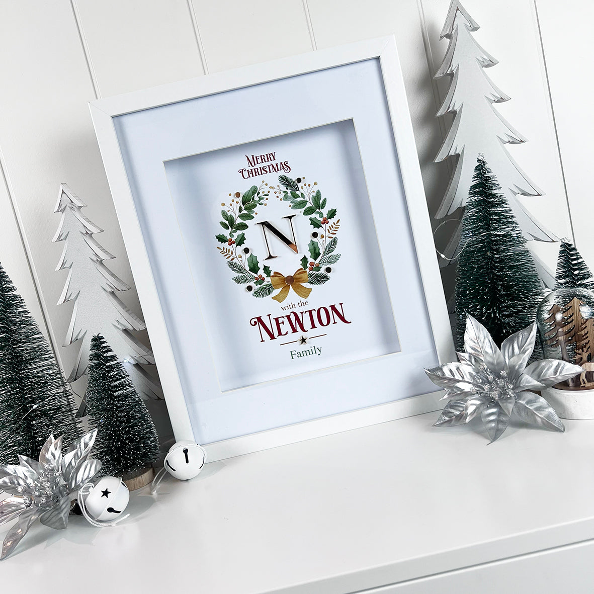 Wreath & Bow 3D Mirror Personalised Christmas Print (3 colours)