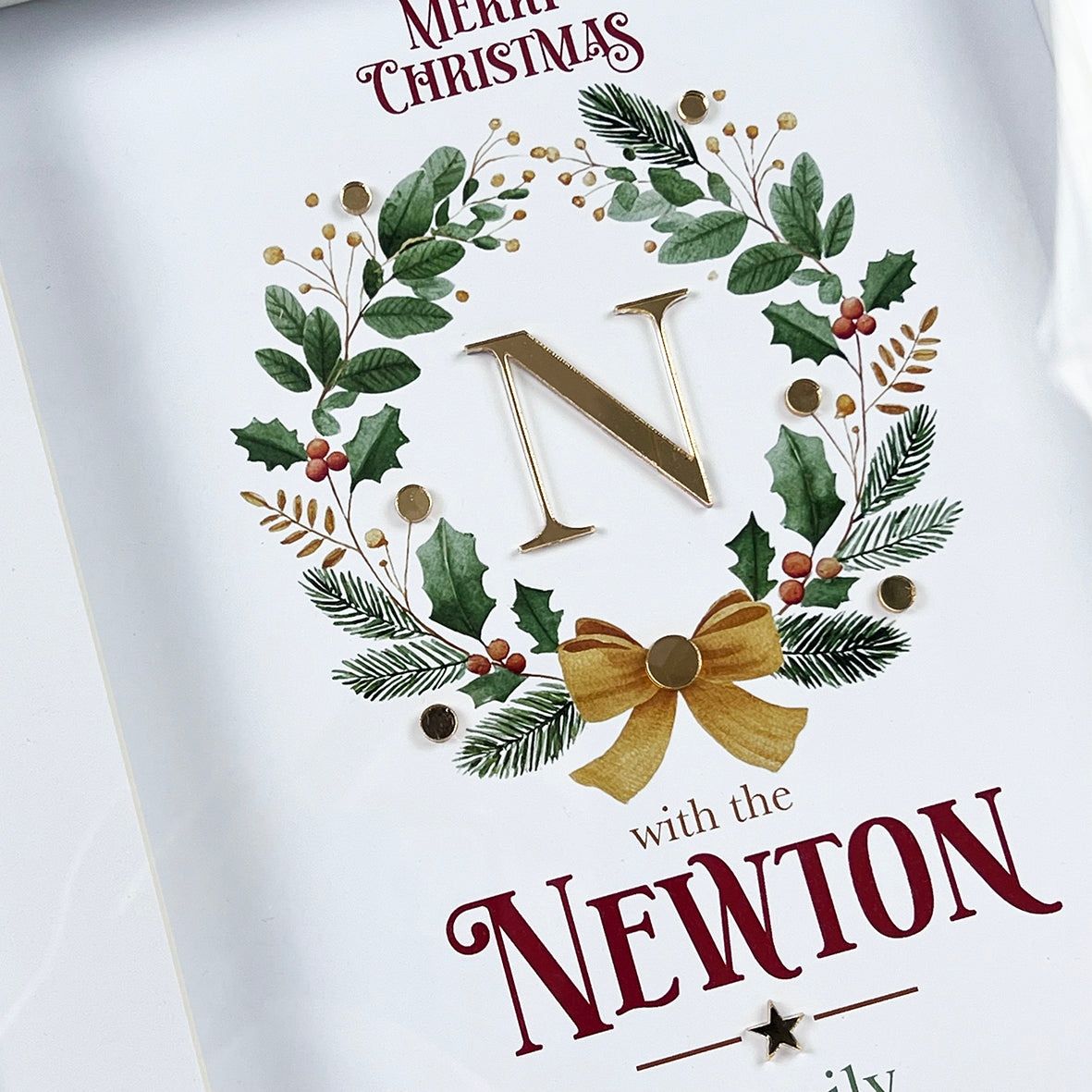 Wreath & Bow 3D Mirror Personalised Christmas Print (3 colours)