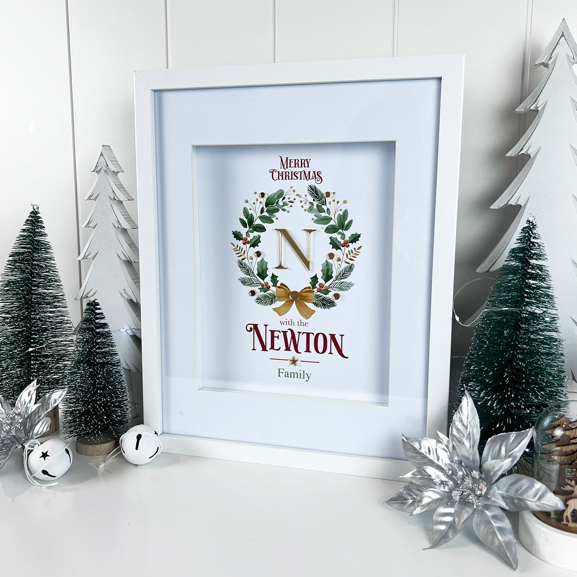 Wreath & Bow 3D Mirror Personalised Christmas Print (3 colours)