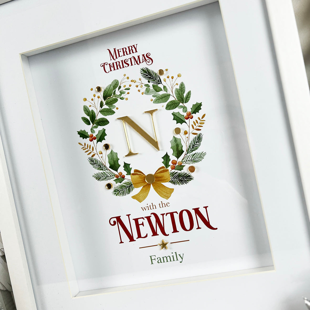 Wreath & Bow 3D Mirror Personalised Christmas Print (3 colours)