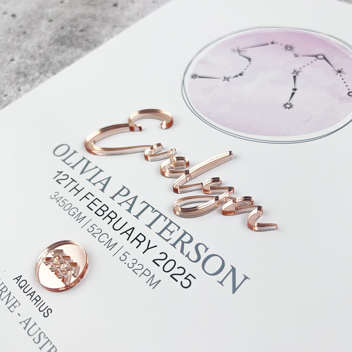 Mirror Zodiac (Rose Gold) 3D Personalised Birth Print