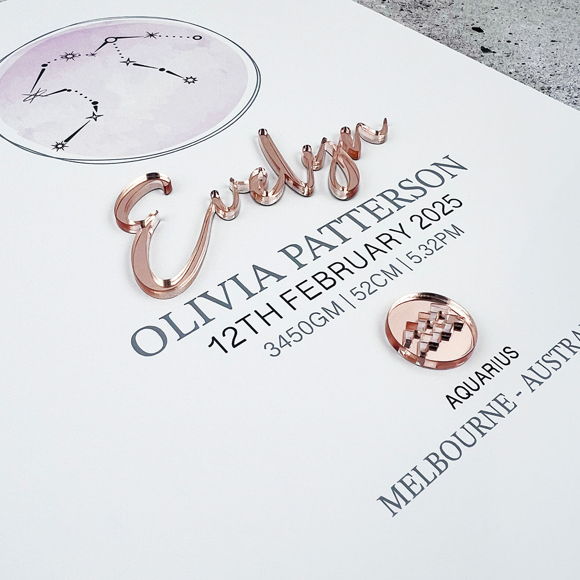 Mirror Zodiac (Rose Gold) 3D Personalised Birth Print