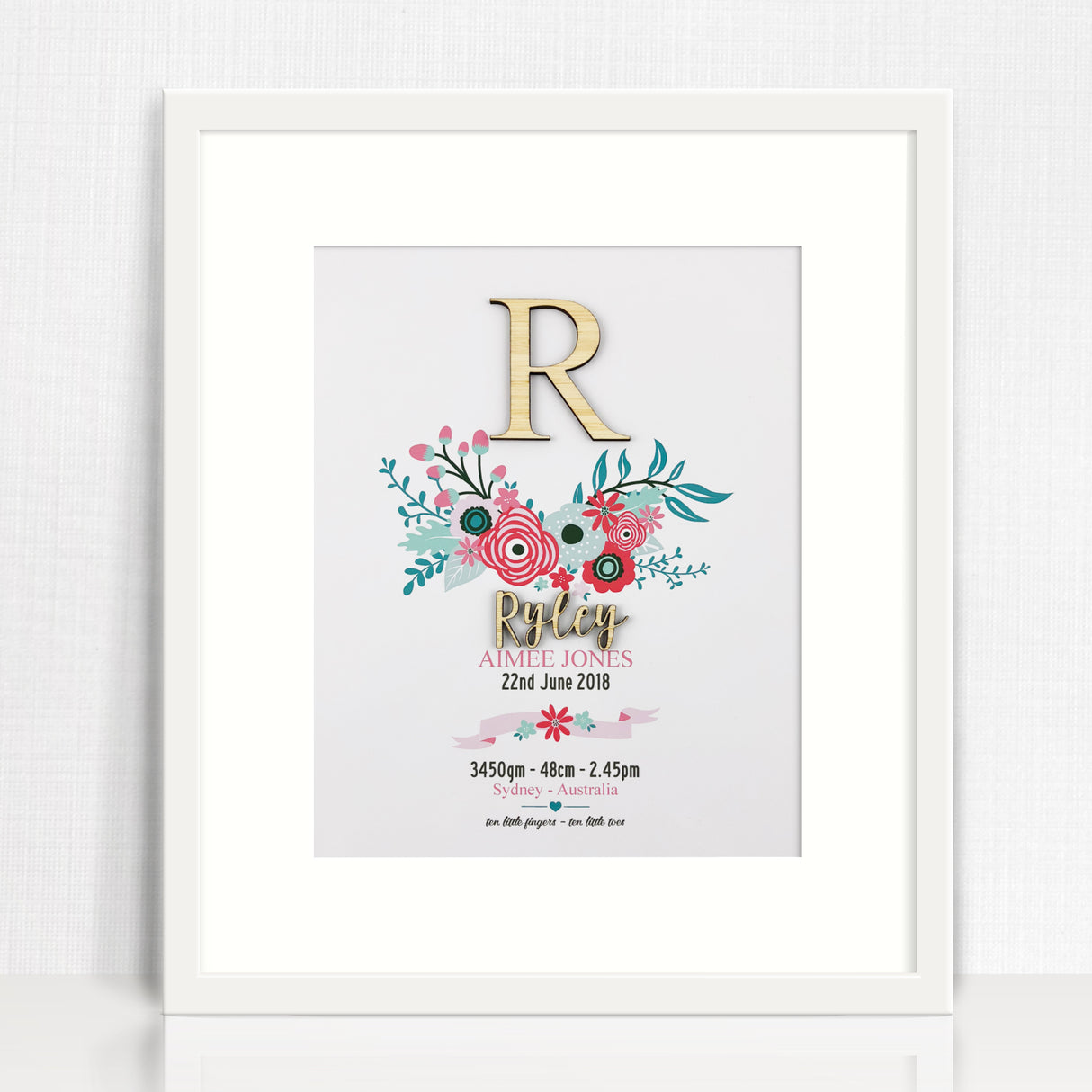 Bamboo (2 colour options) Bright Flowers 3D Personalised Birth Print