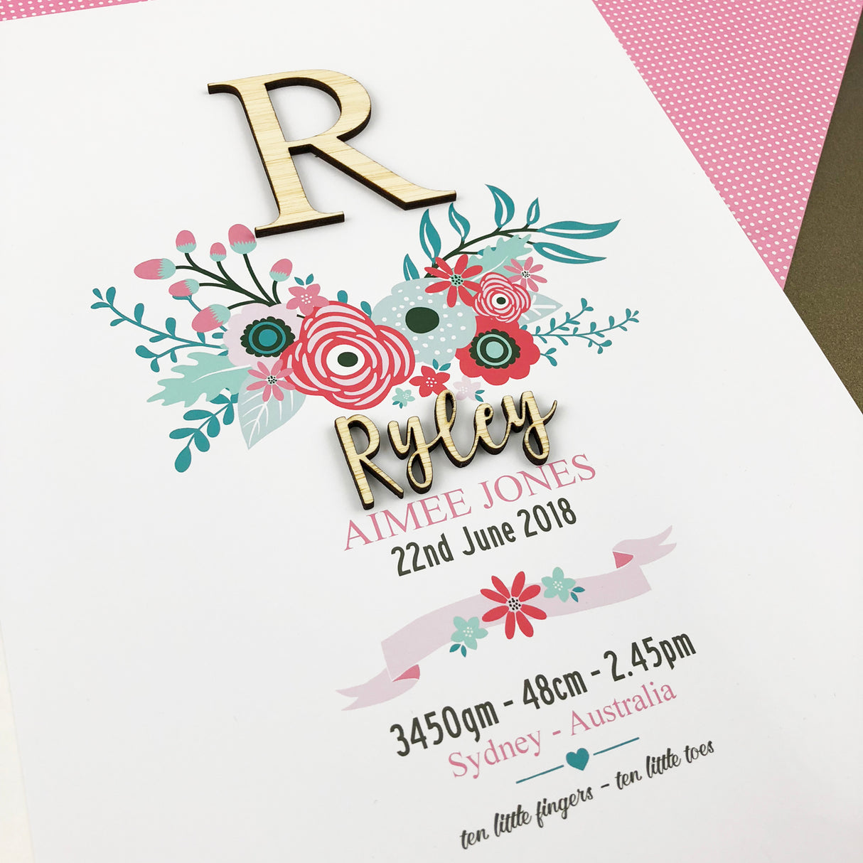 Bamboo (2 colour options) Bright Flowers 3D Personalised Birth Print