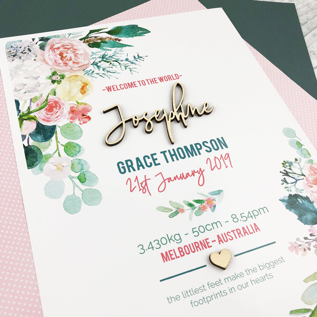 Bamboo (2 colour options) Watercolour Blooms 3D Personalised Birth Print