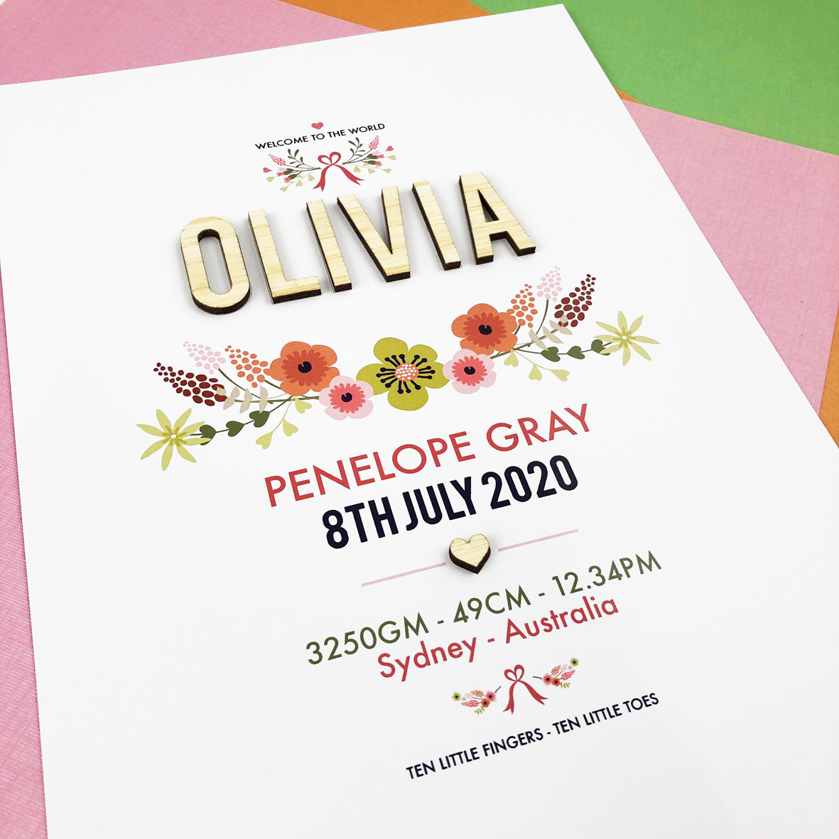 Bamboo (2 colour options) Vintage Floral 3D Personalised Birth Print