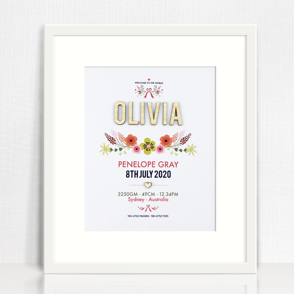 Bamboo (2 colour options) Vintage Floral 3D Personalised Birth Print