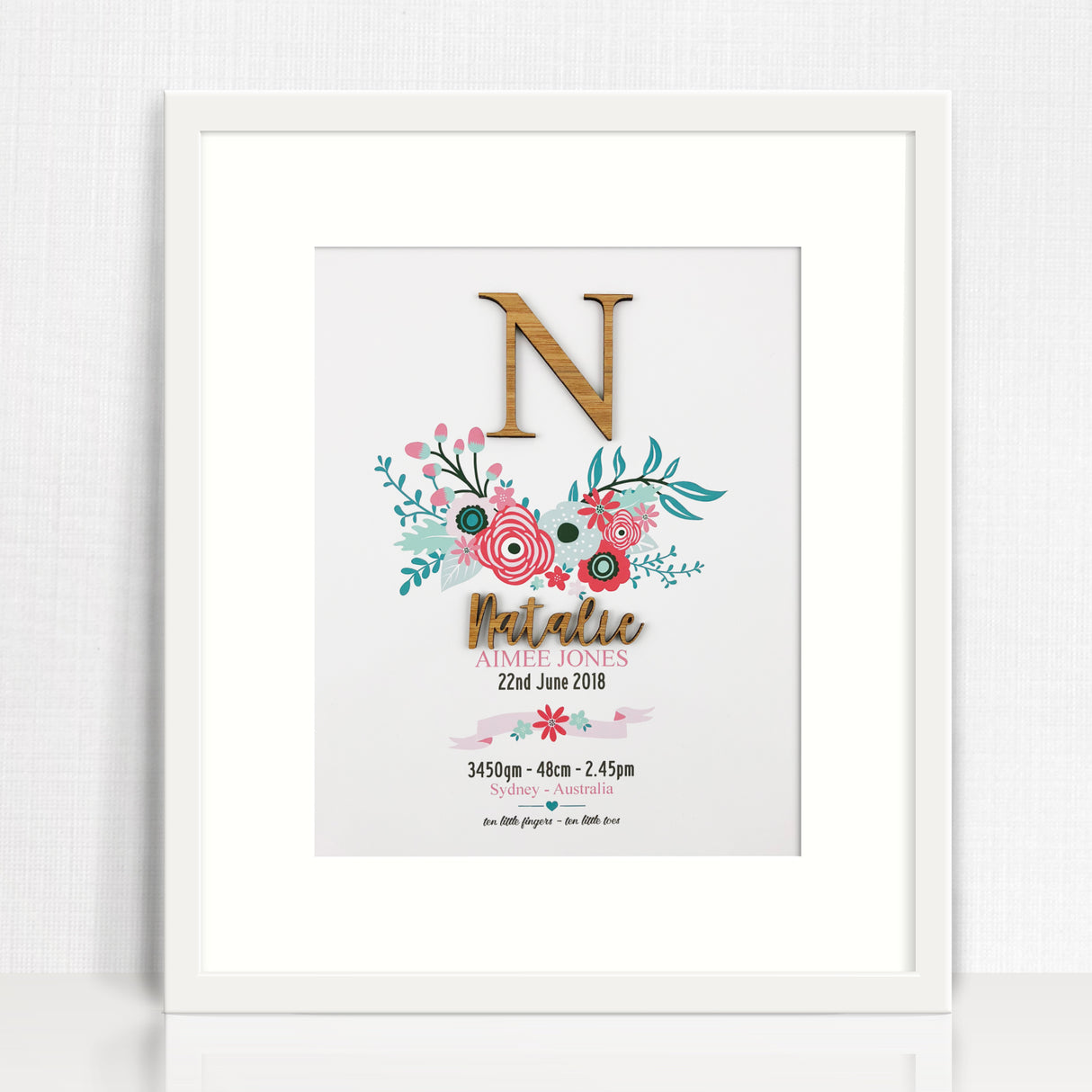 Bamboo (2 colour options) Bright Flowers 3D Personalised Birth Print