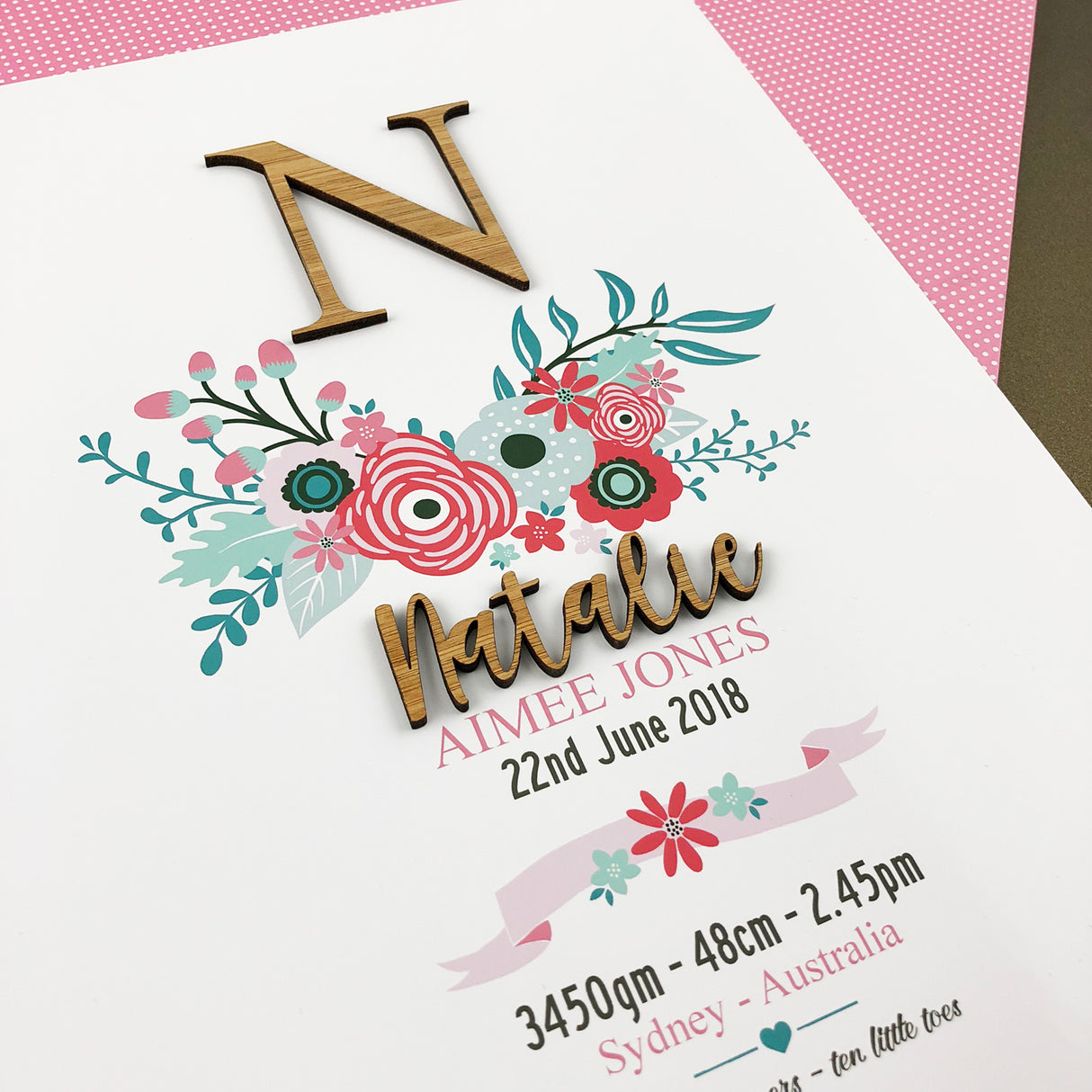 Bamboo (2 colour options) Bright Flowers 3D Personalised Birth Print