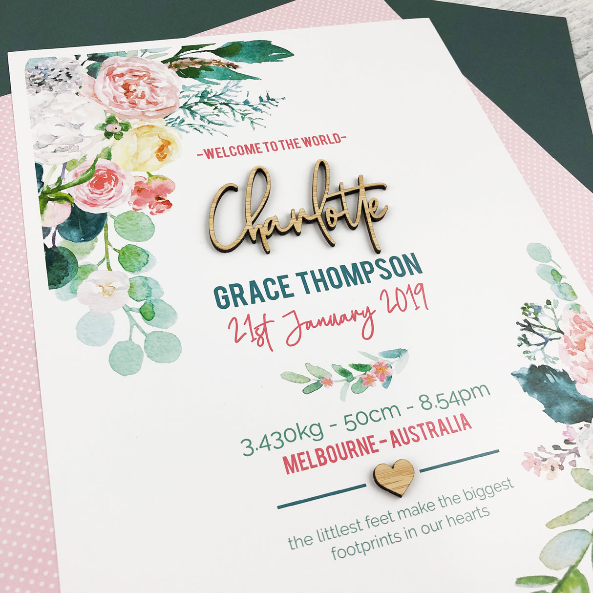 Bamboo (2 colour options) Watercolour Blooms 3D Personalised Birth Print