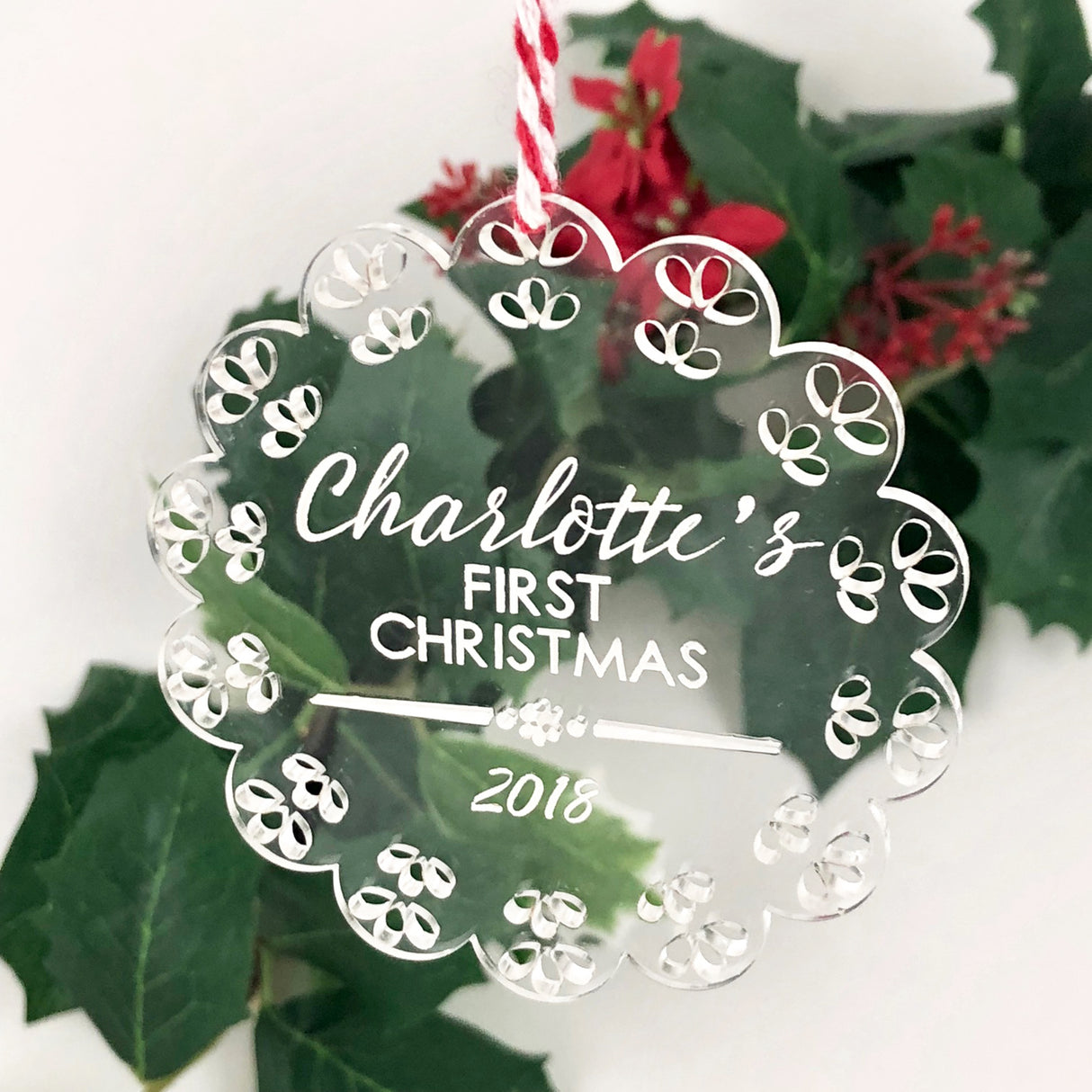 Baby's First Christmas Ornament Clear Acrylic - Lace