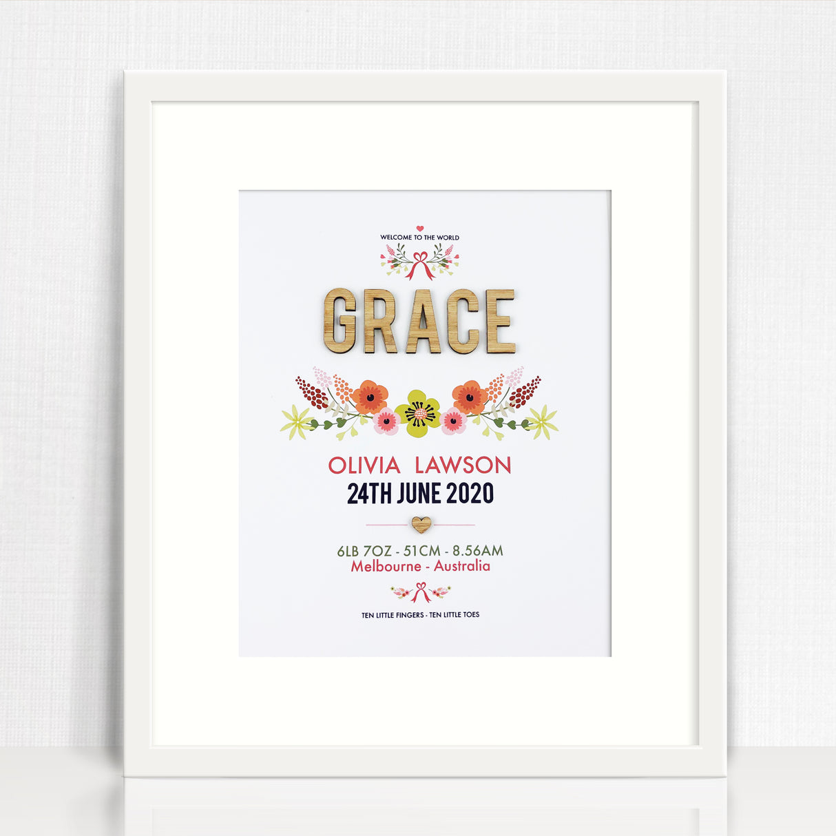 Bamboo (2 colour options) Vintage Floral 3D Personalised Birth Print