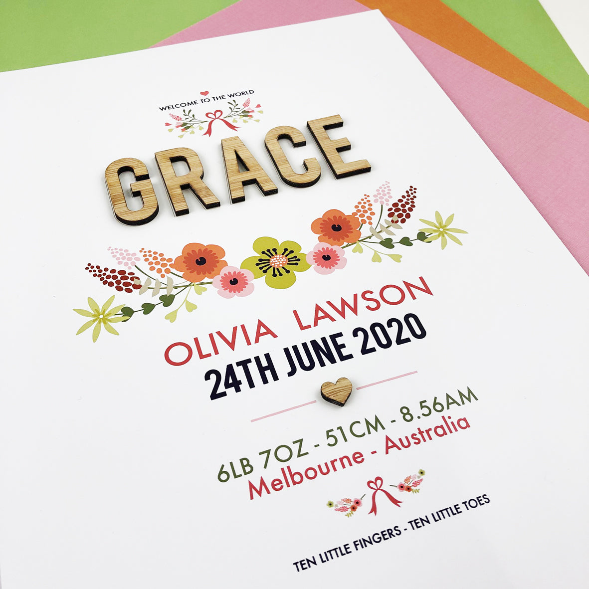 Bamboo (2 colour options) Vintage Floral 3D Personalised Birth Print