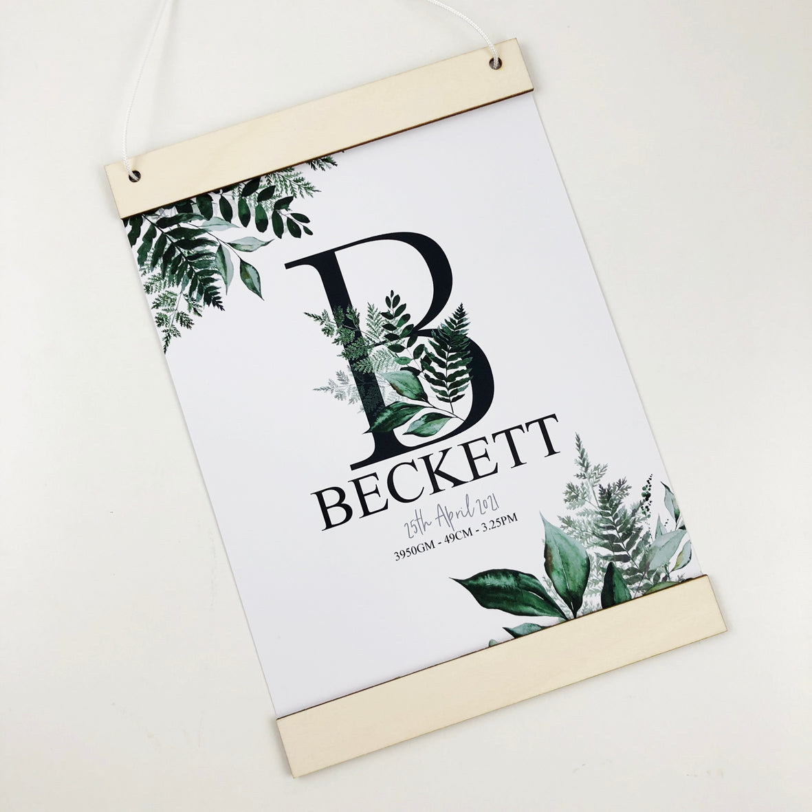 Ferns Initial Wooden Hanger Birth Print