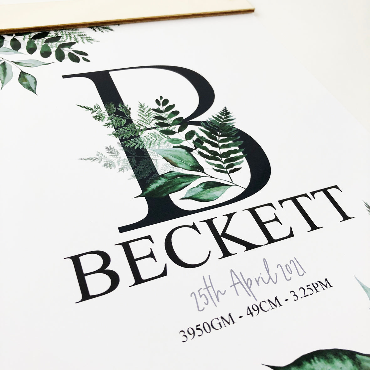 Ferns Initial Wooden Hanger Birth Print