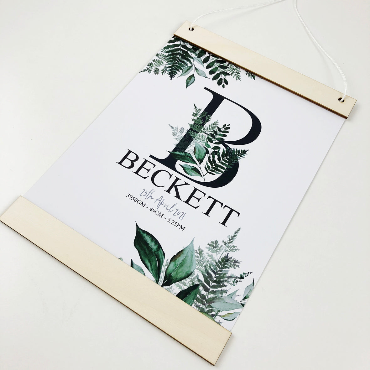 Ferns Initial Wooden Hanger Birth Print